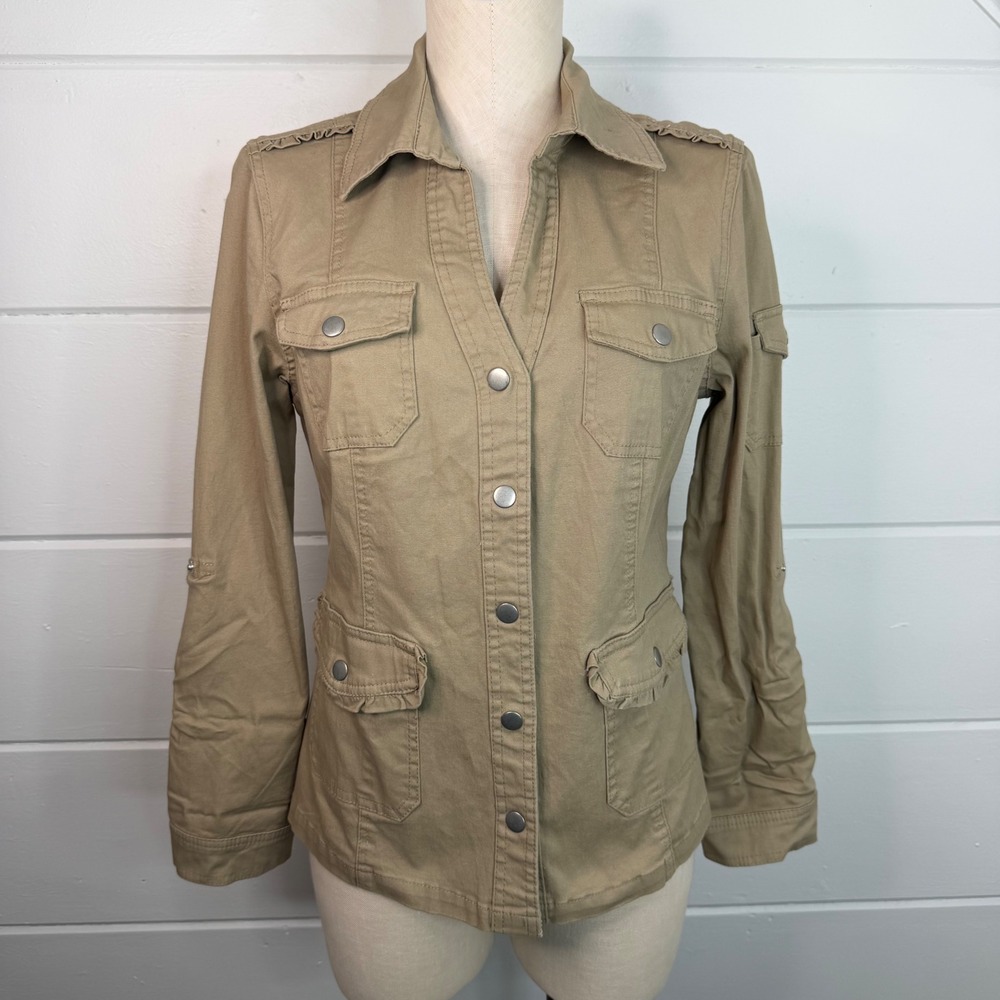 Live A Little Y2K Khaki Button Up Jacket Medium‎ Safari V Neck NEW Minimalist